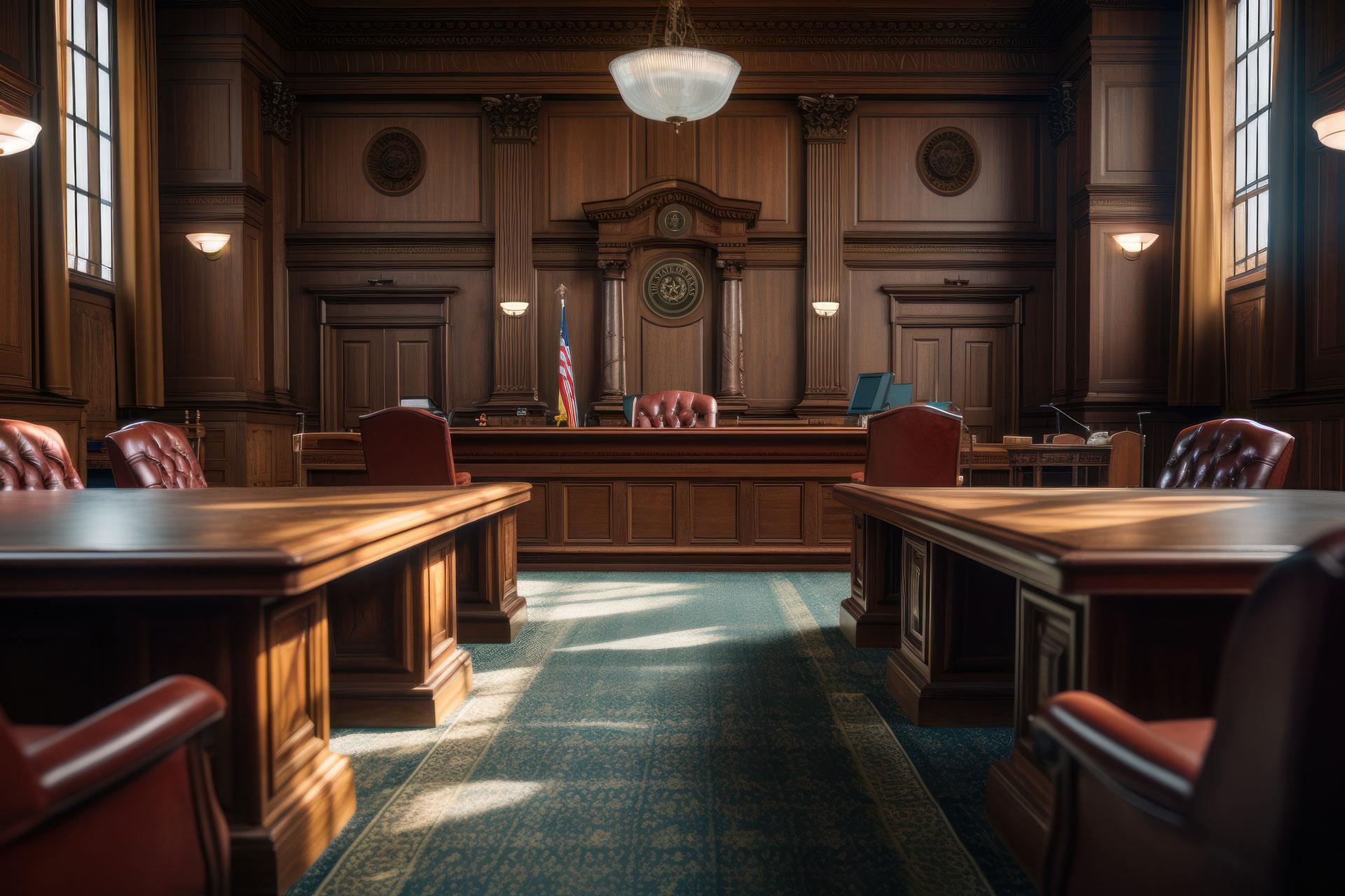 courtroom with wood interior and leather chairs.